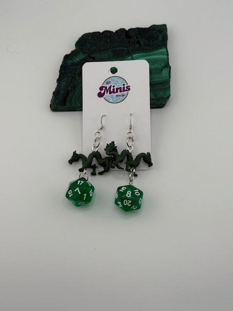 DnD Dragon and Dice Earrings Green
